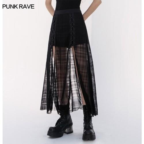 PUNK RAVE Womens Punk Daily A Shape Mid-length Grid Mesh Forks Pantskirt Gothic Elastic Waist Sexy Casual Long Skirts Summer