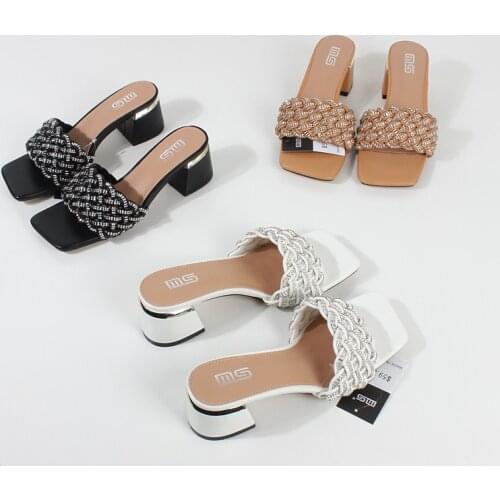 Womens Slippers Chain Square Toe Open-toe Mid-heel Sandals Fashionable Woven Comfortable Simple Womens Slippers 5CM