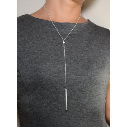 2016 100% pure 925 sterling silver 1 CZ with LONG BAR shinny silver women long Y shape necklace