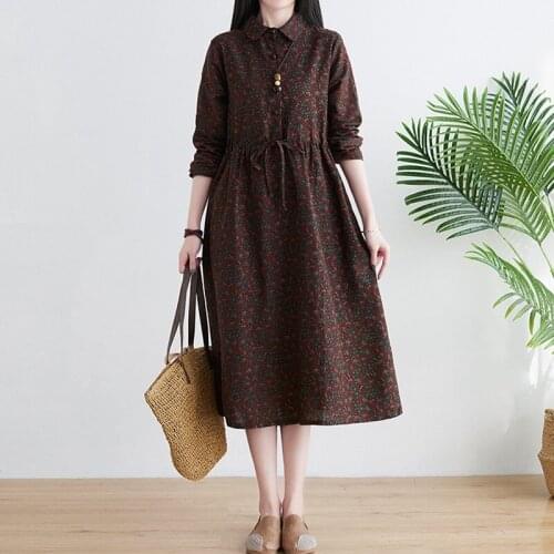 Women Cotton Linen Casual Dress New Arrival 2021 Autumn Vintage Style Turn-down Collar Print Ladies A-line Long Dresses B938