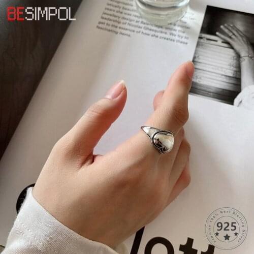 Besimpol 100% Real 925 Sterling Silver Ring Vintage Heart-Shaped Adjustable Open Rings For Women Retro Elegant Fine Jewelry