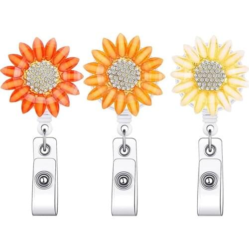 3Pcs Crystal Rhinestone Sunflower Badge Reel Retractable Badge Clip for Nurse Teacher Student Decoration Supplies