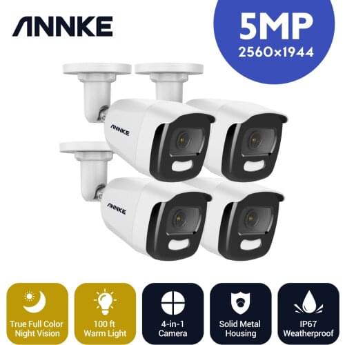 ANNKE 4pcs HD 5MP Full Color Night CCTV Camera Outdoor IP67 Weatherproof White Bullet Security Surveillance Camera System