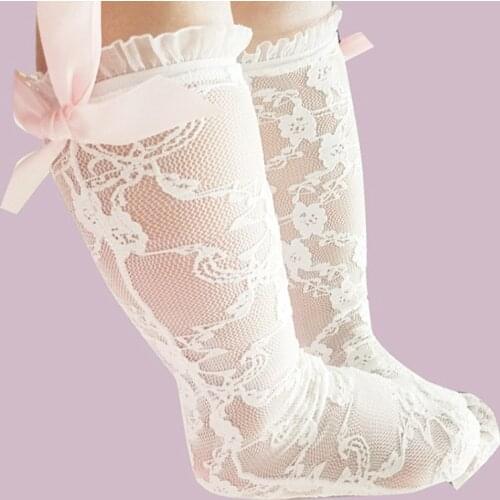 Baby Girls White Lace Socks Princess Knee High Mesh Socks Ruffle Floral Stockings Breathable Sox for Newborn Toddler For 0-12Y