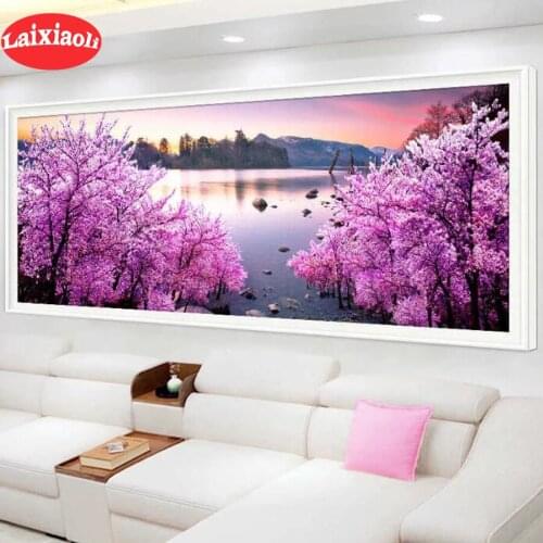 Large art Diamond Painting pink tree lake landscape 5d DIY Diamond Embroidery Square Round Diamond Mosaic rhinestone decoration