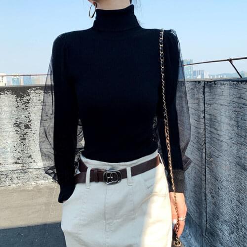 Fashion Slim Stretch Wild Jumpers Autumn Bottom Long Sleeve Black Turtleneck Sweaters Lace Mesh Knitted Tops Patchwork Sexy Pull