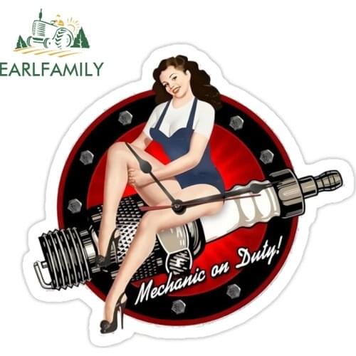 EARLFAMILY 13cm x 11.9cm Spark Plug Pin Up Girl Decal Hot Rod Car Sticker Mechanic on Duty Cartoon Car Styling Auto Moto Decor