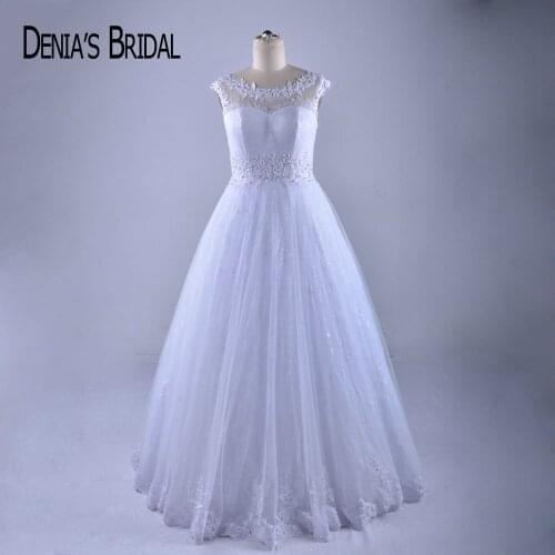 Elegant A Line Wedding Dresses Crew Neck Deep V Back Floor Length Bridal Gowns