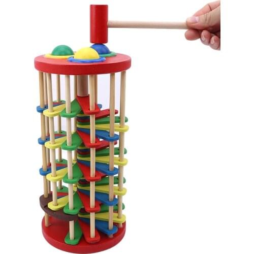 Hot Sale Pound And Roll Wooden Tower With Hammer Knock The Ball Rolling Off Ladder Early Education Baby Toys Kids Toys