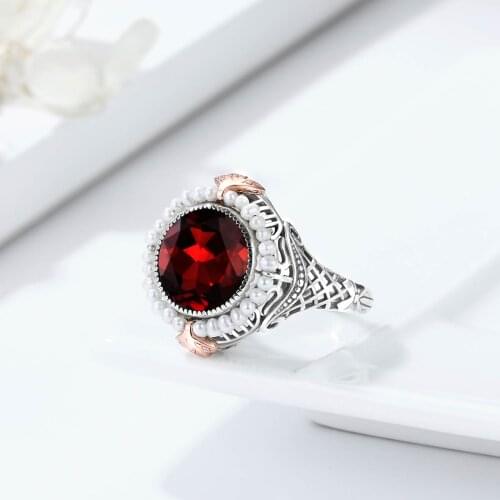 SOODU Fashion Women Party Ring Vintage 925 Sterling Silver Finger Ring Hollow Flower Created Pearl Round Garnet Sapphire Stone C