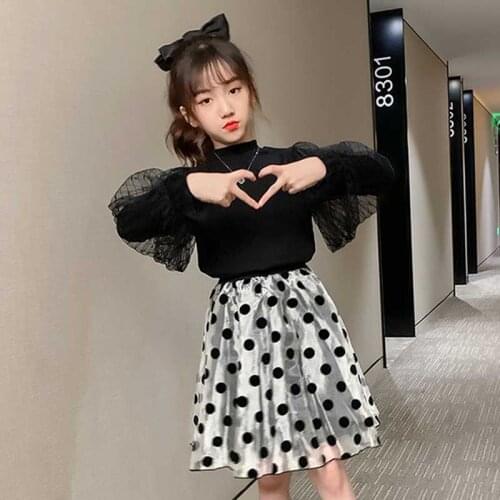 Girl Clothing Sets 2020 Teens Autumn Children Clothes Puff Sleeve T-shirt + Dot Skirt Suit Girls Boutique Kids Clothing 3- 14Y