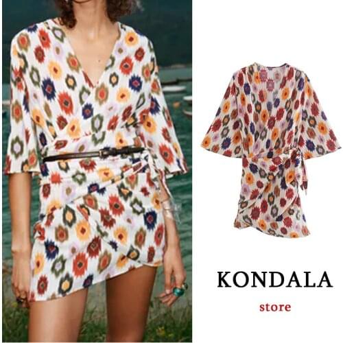 KONDALA Women Vintage Chic Geometric Print V Neck Pleated Mini Dress Long Sleeve V Neck Sexy Party Dress Elegant Vestidos