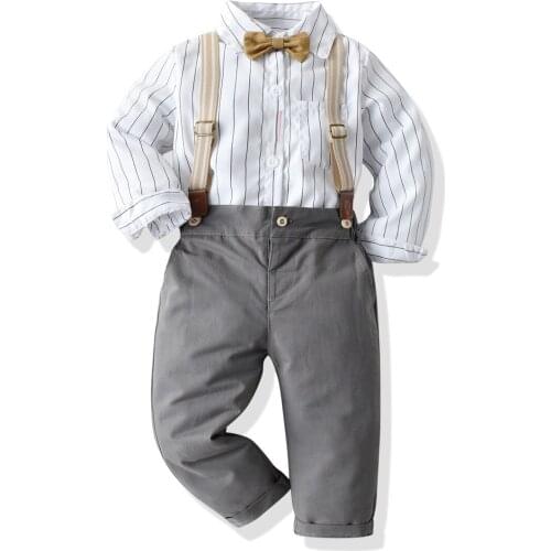 Children Clothing 2021 Autumn Boys Suit Long Sleeved Outfits Striped White Shirt + Pants + Belt 4 Pieces Kids Costume