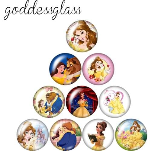 Disney Beauty and the beast Princess Belle 10pcs 12mm/20mm/25mm Round photo glass cabochon flat back Necklace Making findings