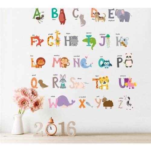 Creative 26 ABC Alphabet Words Wall Stickers Bedroom Nursery Home Decor Cartoon Animals Wall Decals Pvc Mural Art Wallpaper
