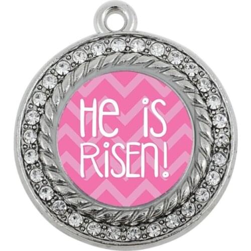 HE IS RISEN PINK CHEVRON PATTERNED SQUARE CIRCLE CHARM antique silver plated jewelry
