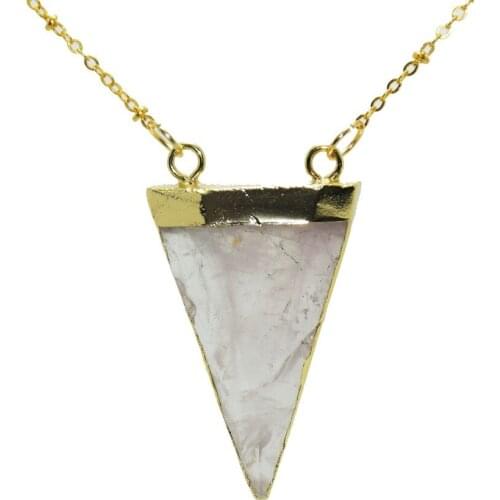 Triangle Faceted Pink Crystal Quartz pendant necklace natural gem rose stone quartz crystal necklace with edge gold plating