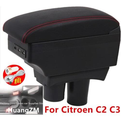 For Citroen C2 C3 armrest box USB Charging Double layer central Store content cup holder ashtray accessories