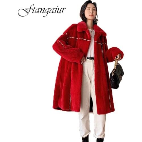 Ftangaiur 2020 NEW Winter Imported Velvet Mink Fur Coat Turn-Down Collar Diamonds Womens Long Pure Natural Real Mink Fur Coats