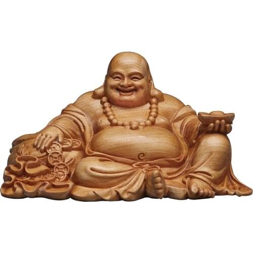 Solid wood ingot Maitreya Buddha sculpture statue， Modern art hand-carved Home living room bedroom lucky statue Gift souvenir