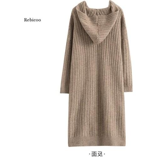 Warm Women Winter Dress Hooded Long Vestidos Loose Oversized Ankle Length Elegant Fashion Female Pull Sweaters Dress