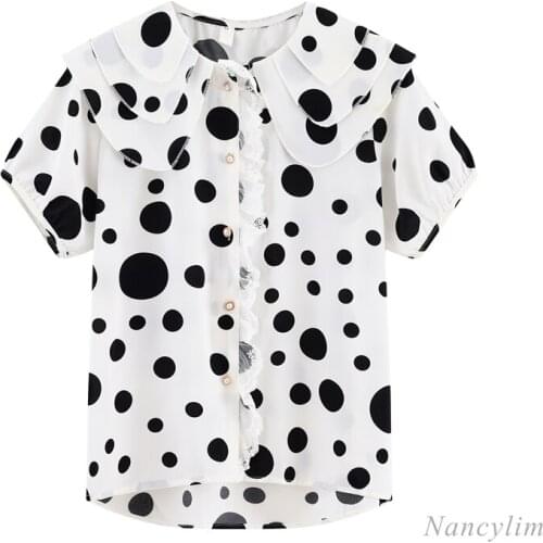 Lace Stitching Doll Collar Polka Dot Short Sleeve Chiffon Shirt Womens 2021 Summer Korean Style Loose Top Fashion Blusas Mujer