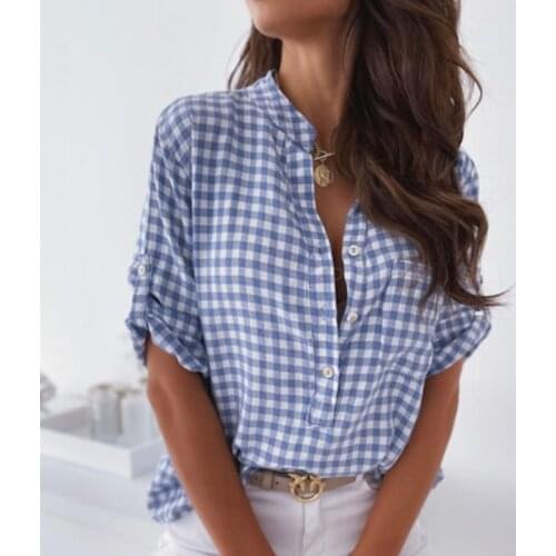 The New Plaid Loose Womens Blouse 2021 Spring and Summer Half-open Tube Long-sleeved Casual Shirt Blouse Womens Tops