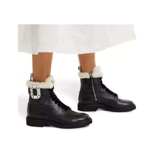 Moraima Snc Crystal Buckle Decorations Woman Boots Black Leather Lace-up Ankle Boots Round Toe Winter Warm Boots