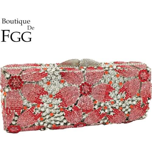 Boutique De FGG Hollow Out Women Crystal Flower Clutch Evening Handbags and Purses Metal Hardcase Floral Wedding Minaudiere Bags