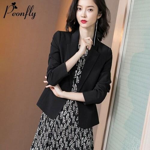 PEONFLY New 2020 Spring Womens Blazer Casual Korean Style Fashion Single Button Notched Jackets Long Sleeve Blazer Women Black