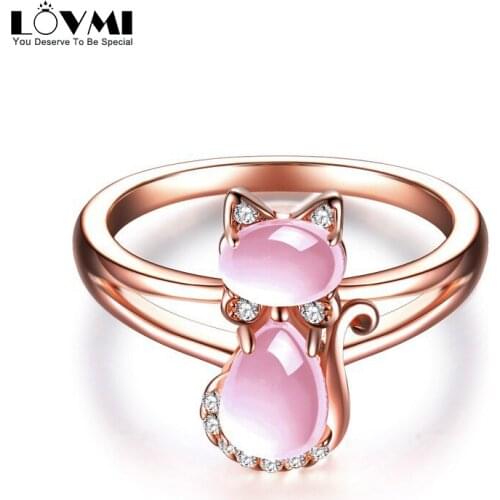 Fashion Women Ring 925 Sterling Silver Jewelry Opal Quartz Zircon Cat Shape Gemstone Rose Gold Female Rings For Birthday Gifts