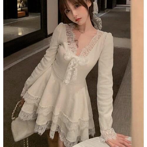 Female Cute Winter Lace Knit Mini Dress Women Casual Long Sleeve Kawaii One Piece Dress Korean 2021 Spring V-Neck Sweater Dress
