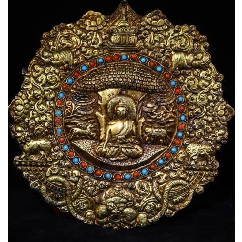 12"Tibet temple Old Bronze mosaic Gem Shakyamuni Buddha Medicine Buddha Thangka Amulet amulet Town House Exorcism