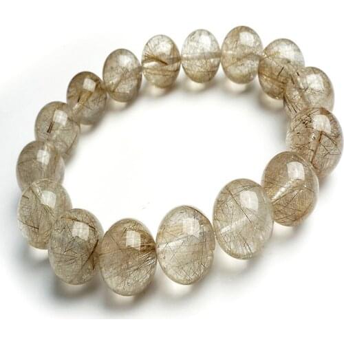 15mm Genuine Brazil Natural Silver Hair Needle Rutilated Quartz Crystal Bracelets Jewelry Round Beads Mens Stretch Bracelet