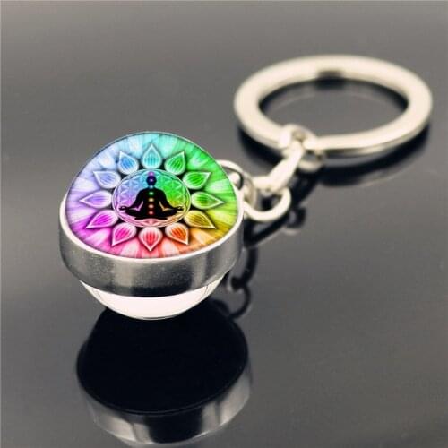 7 Chakra Yoga Om Symbol Keychain Pendant Indian Meditation Jewelry Fashion Double Side Glass Ball Key Chain Key Rings Men Women