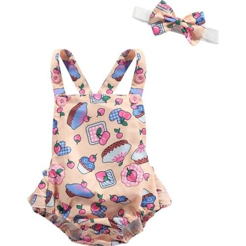 Baby Romper with Hairband Baby Girl Summer Cartoon Cake Print Sleeveless Off Shoulder Jumpsuit+ Headband 0-24 Months