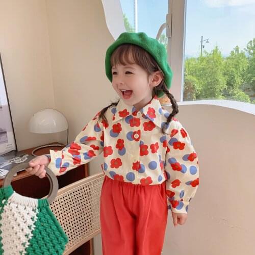 Childrens suit 2021 autumn new Korean girls' flower long sleeve shirt two piece childrens clothes girls clothing