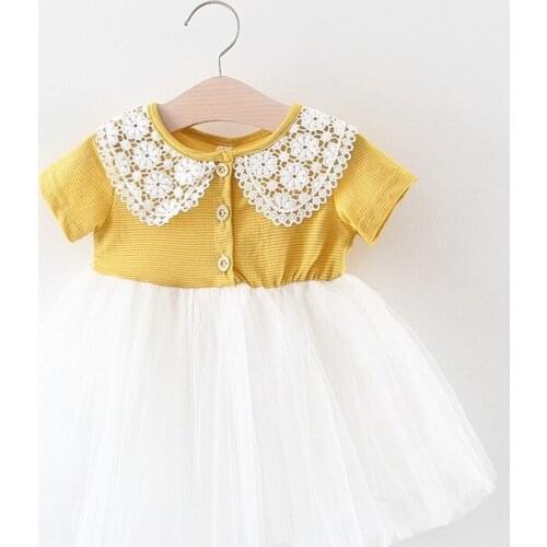 2019 Kids girls summer lace collar dress Infant clothing baby girls short sleeve striped cotton mesh Dress 1-3 Years