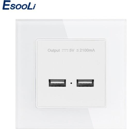 Esooli Wall Power Socket Dual USB Smart Induction Charging Port For Mobile 5V 2.1A Output Crystal Tempered Glass Panel