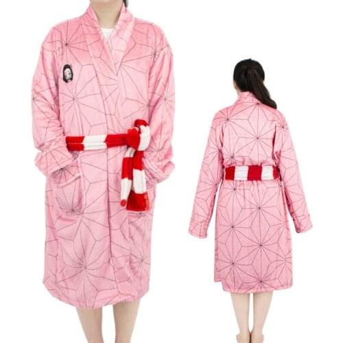 Anime Demon Slayer Kimetsu no Yaiba Cosplay Bathrobe Flannel Pajamas Unisex Nightwear Kamado Nezuko Warm Sleepwear Kimono Robe