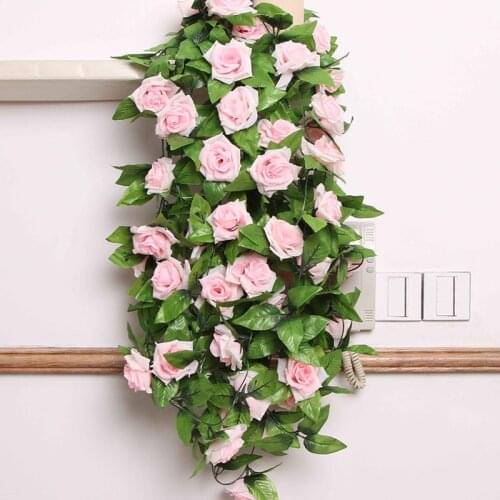 2.4m/lot Fake Silk Roses Artificial Flowers Ivy Vine Hanging Garland Decor with Green Leaves for Home Wedding Decoration