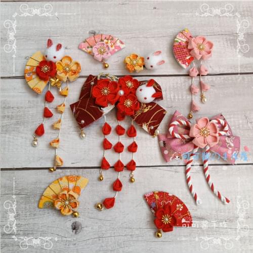 Japanese style cute girl kimono cherry blossom hair accessories lolita soft sister fan rabbit craftsmanship bow clip hair clip