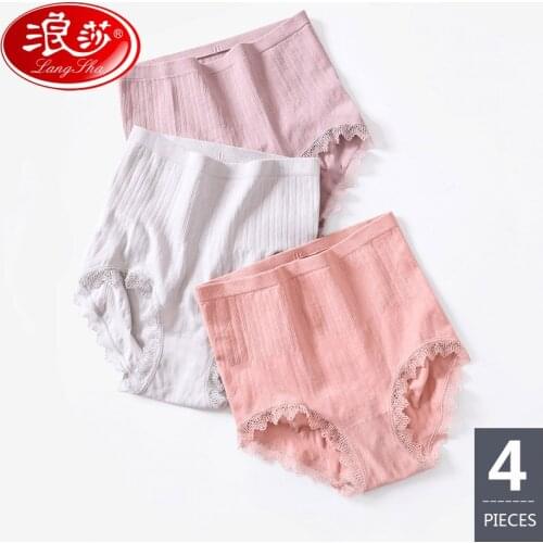 4Pcs High Waist Women Shapers Abdomen Soft Cotton Slimming Underwear Ladies Body Shaperwear Fitness Lace Control Panties LANGSHA