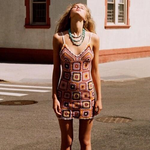 DUISNENA boho mini dress summer sexy strap sleeveless women dresses ethnic flower hollow knitted robe mujer vestidos