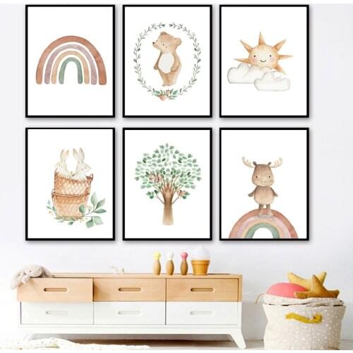 Cartoon Bear Rabbit Deer Rainbow Sun Cloud Nursery Wall Art Canvas Painting Posters And Print Wall Pictures Baby Kids Room Decor