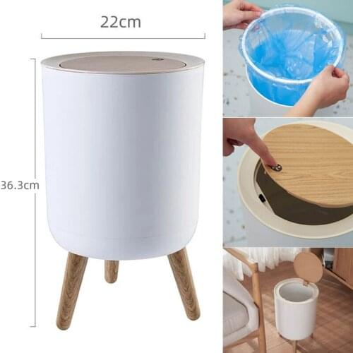 Fashion High Foot Imitation Wood Trash Can with Lid Press Garbage Rubbish Bin Room Waste Container Organizer Bathroom Kitchen