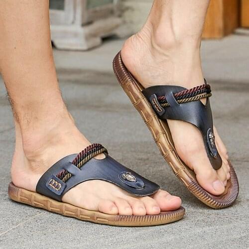 Summer New Korean Mens Flip Flop Sandals Daily Outdoor Leisure Breathable Microfiber Cowhide Tendon Bottom Non-Slip Slippers