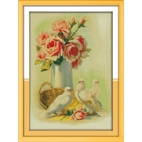 Roses and pigeons Canvas Cross Stitch set Home Decore Fabric 14CT Canvas DMC Embroidery Needlework Cross-stitch Kit countable