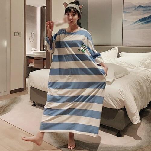 Autumn Summer Women Nightdress Short Sleeve Cartoon Loose Women Nightdresses Striped Home Service