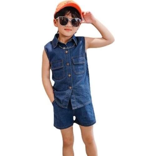 2021 New Boys Summer Jeans Denim Vest +Shorts Clothing Set Kids School Outdoor Suit Children Cool beach Tracksuit